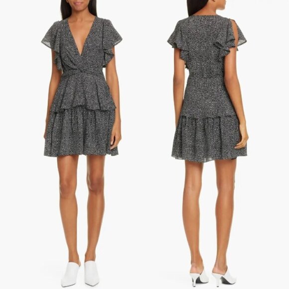 ALC Deep V-Neck Silk Polka Dot Viera Mini Dress Ruffled Flutter Sleeve Women's 2 - Picture 1 of 16